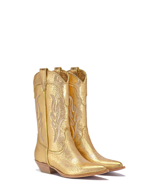 SANTA FE Women's Cowboy Boots in Gold Laminated Leather | Off-White Embroidery_Side_01